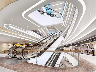 Modern Shopping Mall Atrium With Escalators Stairs Curved Ceiling And Marble Floor 3d model