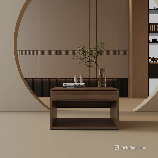 Modern Wooden Side Table In Interior Space With Vase Plant And Books 3d model 