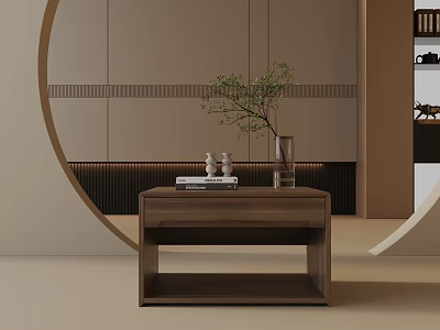 Modern Wooden Side Table In Interior Space With Vase Plant And Books 3d model