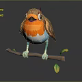 Cartoon Style Bird With Orange Chest Brown Wings Blue Legs Perched On Branch