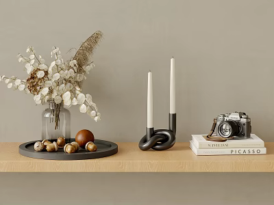 Decorative Ornament Set with Vase White Dried Flowers Candle Holders Tray Nuts and Vintage Camera 3d model