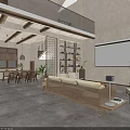 Rustic Modern Hotel Lobby With Wooden Beams Pendant Lights Sofa Bookshelves And Projection Screen