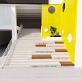 Outdoor Staircase With White Handrail Yellow Wall Circular Windows And Plants On Steps