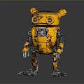Yellow Worn Mechanical Robot Character With Round Eyes Biomorphic Ears And Metal Clawed Legs