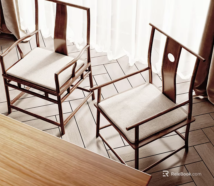 Leisure Chairs With Wooden Frame Light Fabric Cushions And Circular Accent In Interior Space 3d model 