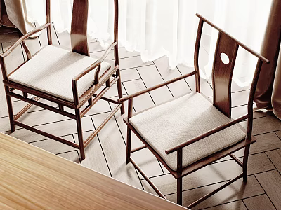 Leisure Chairs With Wooden Frame Light Fabric Cushions And Circular Accent In Interior Space 3d model