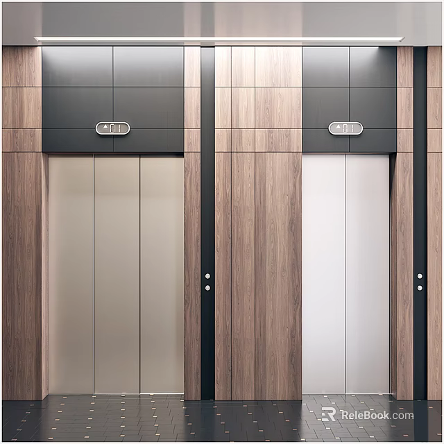 Elevator Hallway Interior with Silver Elevator Doors Wooden Walls Black Panels Indicator Lights and Buttons 3d model 