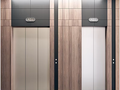 Elevator Hallway Interior with Silver Elevator Doors Wooden Walls Black Panels Indicator Lights and Buttons 3d model