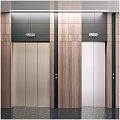 Elevator Hallway Interior with Silver Elevator Doors Wooden Walls Black Panels Indicator Lights and Buttons