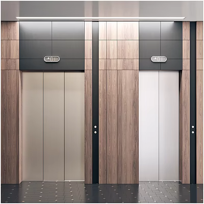 Elevator Hallway Interior with Silver Elevator Doors Wooden Walls Black Panels Indicator Lights and Buttons 3d model