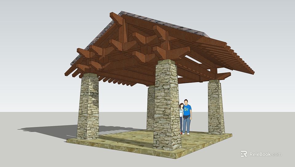Traditional Wooden Roofed Pavilion With Stone Pillars And Two People Standing 3d model 
