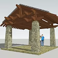 Traditional Wooden Roofed Pavilion With Stone Pillars And Two People Standing