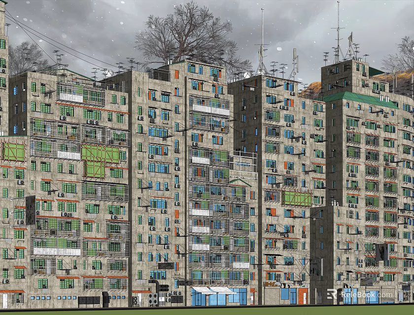 Rural Self Built Multi Story Houses With Gray Green Exteriors Balconies And Trees 3d model 