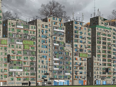 Rural Self Built Multi Story Houses With Gray Green Exteriors Balconies And Trees 3d model