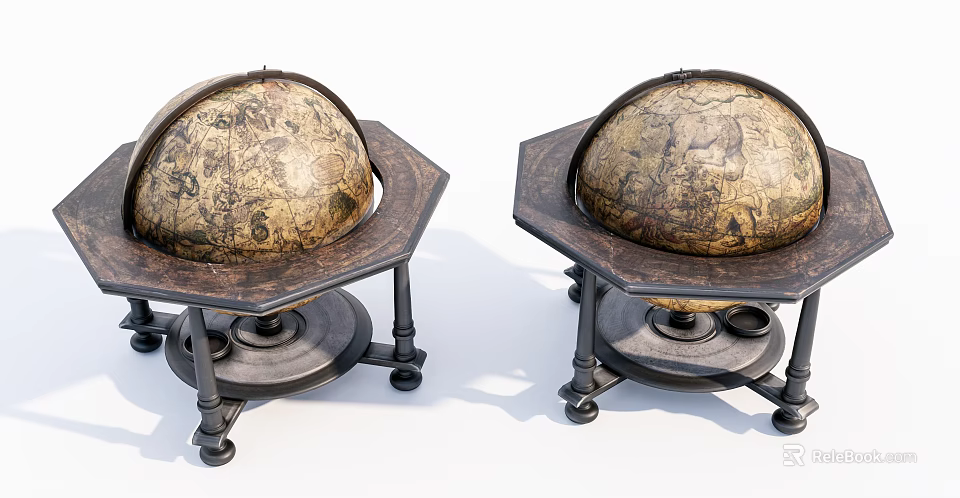 Vintage Globe Decorative Ornament Set With Hexagonal Bases And Wheels 3d model 