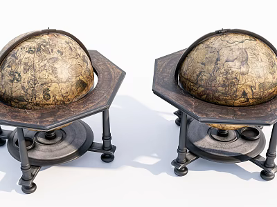 Vintage Globe Decorative Ornament Set With Hexagonal Bases And Wheels 3d model