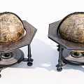 Vintage Globe Decorative Ornament Set With Hexagonal Bases And Wheels 3d model