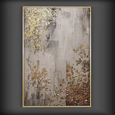 Elegant Modern Abstract Painting With Gold Leaf Details And Textured Gray Background 3d model