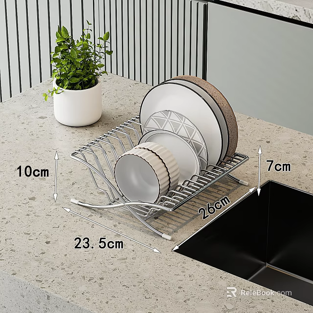 Stainless Steel Dish Rack Set with Plates Bowls and Size Details for Kitchen Countertop 3d model 