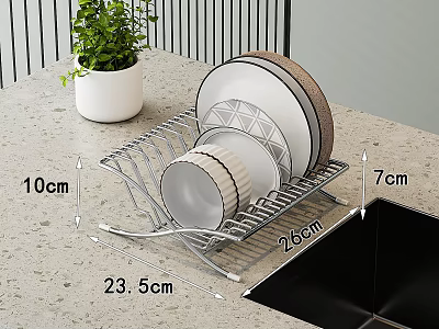 Stainless Steel Dish Rack Set with Plates Bowls and Size Details for Kitchen Countertop 3d model