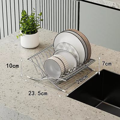 Stainless Steel Dish Rack Set with Plates Bowls and Size Details for Kitchen Countertop 3d model
