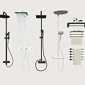 Different Shower Head Styles With Flowing Water Handheld Overhead And Towel Racks