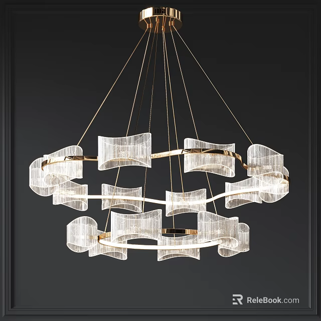 Elegant Modern Chandelier With Golden Metal Frame And Transparent Wavy Glass Pieces 3d model 