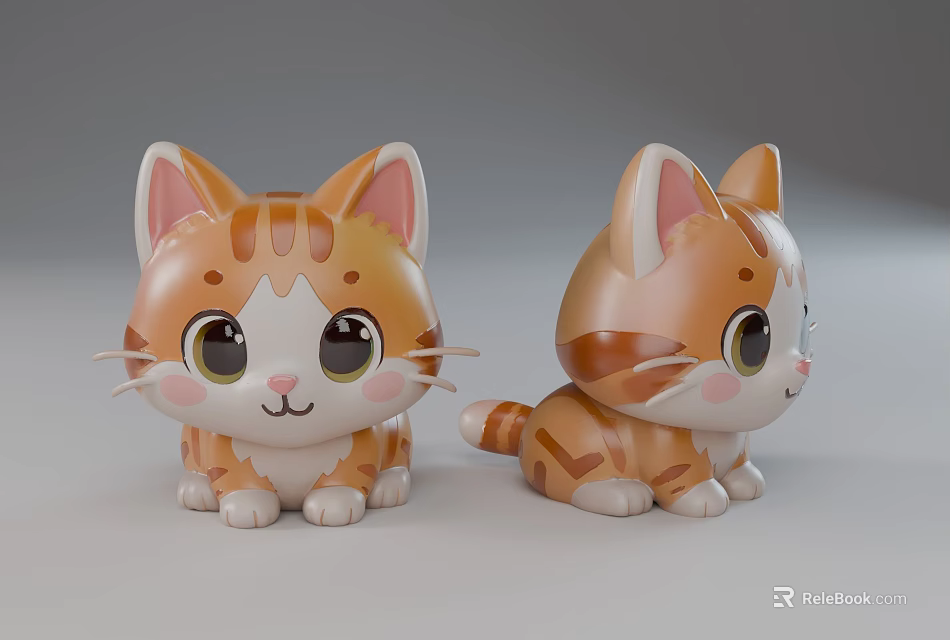 Cute Orange White Cartoon Kitten Plush Toys With Big Eyes Blush Front Side View 3d model 