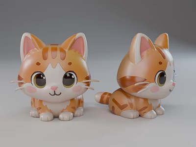 Cute Orange White Cartoon Kitten Plush Toys With Big Eyes Blush Front Side View 3d model