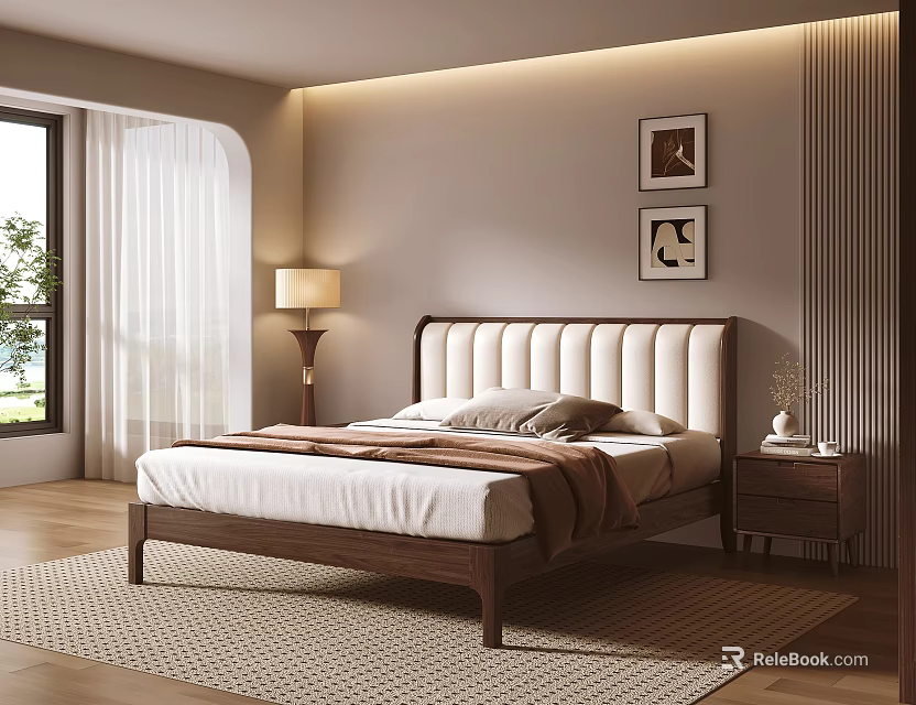 Modern Minimalist Double Bed with Upholstered Headboard Nightstand and White Curtains 3d model 