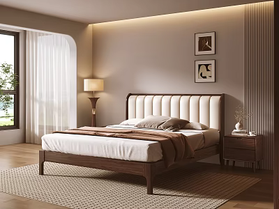 Modern Minimalist Double Bed with Upholstered Headboard Nightstand and White Curtains 3d model