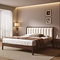 Modern Minimalist Double Bed with Upholstered Headboard Nightstand and White Curtains