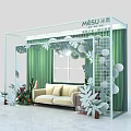 Stylish Photo Check-in Spot With Green Curtains White Grid Frame Beige Sofa And Cactus