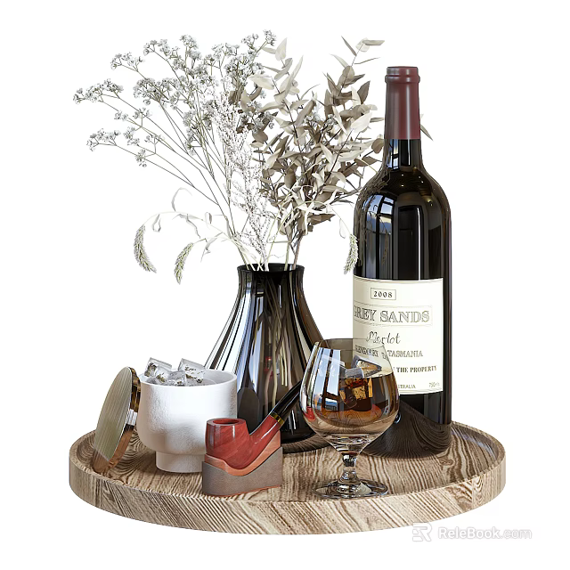 Wine Bottle And Glass On Wooden Tray With Vase Dried Flowers Ice Cubes Decorative Items 3d model 