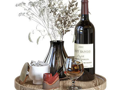 Wine Bottle And Glass On Wooden Tray With Vase Dried Flowers Ice Cubes Decorative Items 3d model