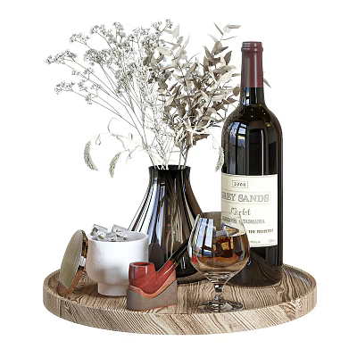 Wine Bottle And Glass On Wooden Tray With Vase Dried Flowers Ice Cubes Decorative Items 3d model