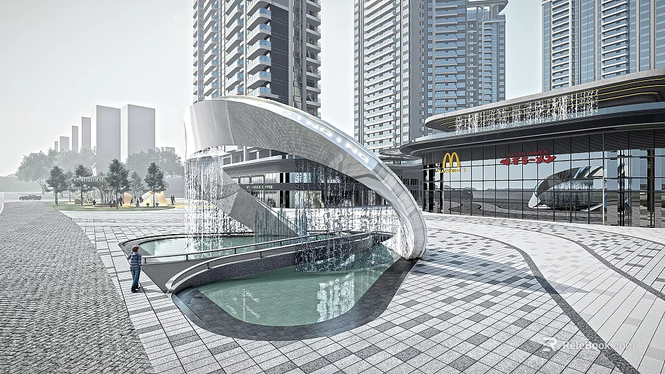 Modern Curved Sculpture With Water Feature In Urban Square Near Tall Buildings 3d model 