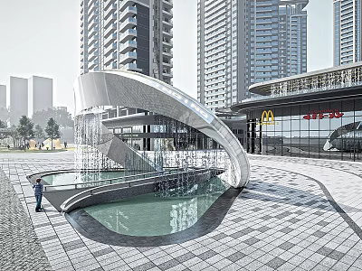 Modern Curved Sculpture With Water Feature In Urban Square Near Tall Buildings 3d model