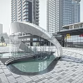 Modern Curved Sculpture With Water Feature In Urban Square Near Tall Buildings