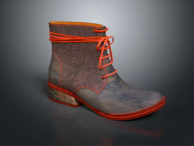 Textured Leather Gray Boots with Orange Laces and Wooden Sole Design 3d model