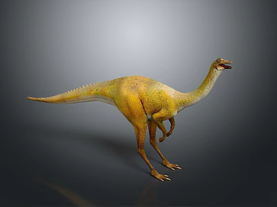 Realistic Dinosaur Figure With Yellow Green Colored Skin Long Neck Standing On Gray Gradient Background 3d model