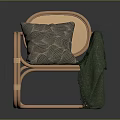 Modern Light Brown Rattan Leisure Chair with Gray Wavy Pattern Cushion and Green Blanket