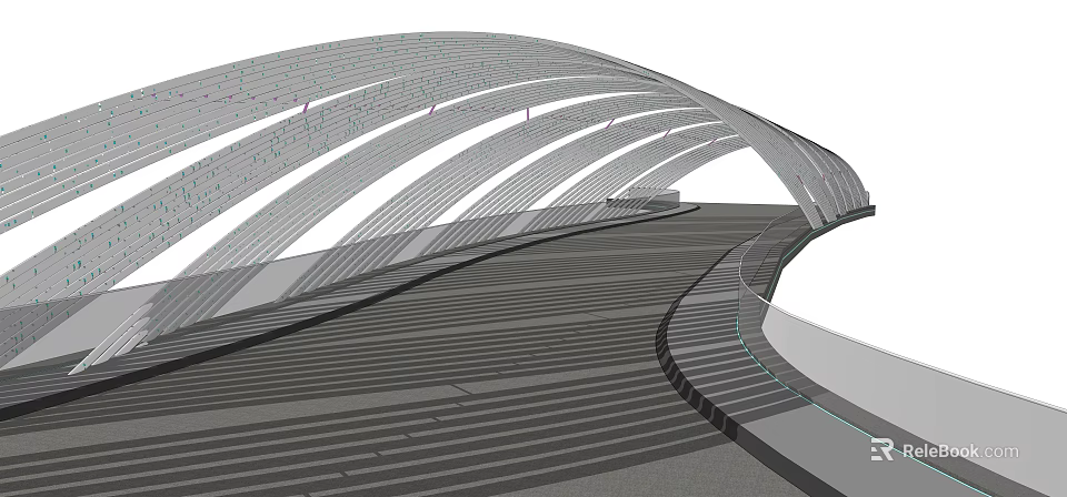 Modern Landscape Bridge With Curved Steel Structure Flowing Lines And Striped Deck 3d model 