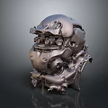 Mechanical Metal Head Sculpture With Intricate Gear Details And Shiny Surface