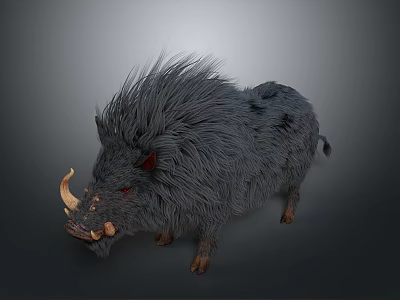 Wild Boar With Fluffy Dark Fur And Prominent Curved Tusks Standing Against Dark Background 3d model