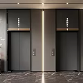 Modern Elevator Lobby With 2F Sign Dark Doors Marble Floor And Wall Lamps