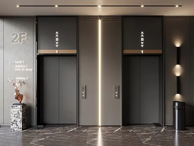 Modern Elevator Lobby With 2F Sign Dark Doors Marble Floor And Wall Lamps 3d model