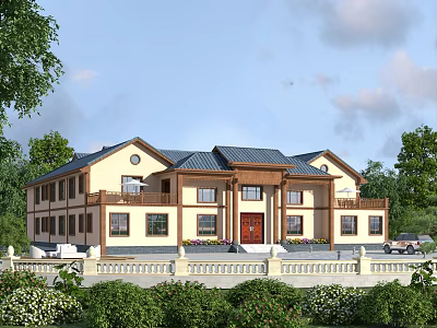 Traditional Chinese Detached Villa With Yellow Exterior Dark Roof Red Door Balcony And Green Garden 3d model