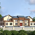 Traditional Chinese Detached Villa With Yellow Exterior Dark Roof Red Door Balcony And Green Garden