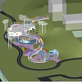 Colorful Circular Children's Play Area With Trees Slide And Kids Playing On Lawn
